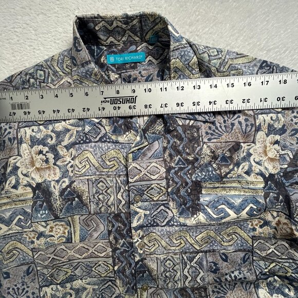 Tori Richard Mens Floral Geometric Print Short Sleeve Hawaiian Shirt Large Blue - Picture 4 of 6